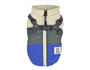 manteau hiver harnais bleu gris blanc froid