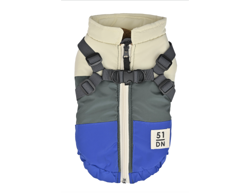 manteau hiver harnais bleu gris blanc froid