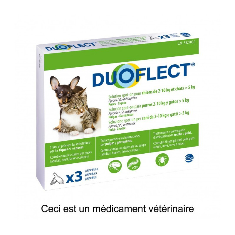 DUOFLECT POUR CHIEN ET CHAT DE 2 A 10KG. 3 PIPETTES